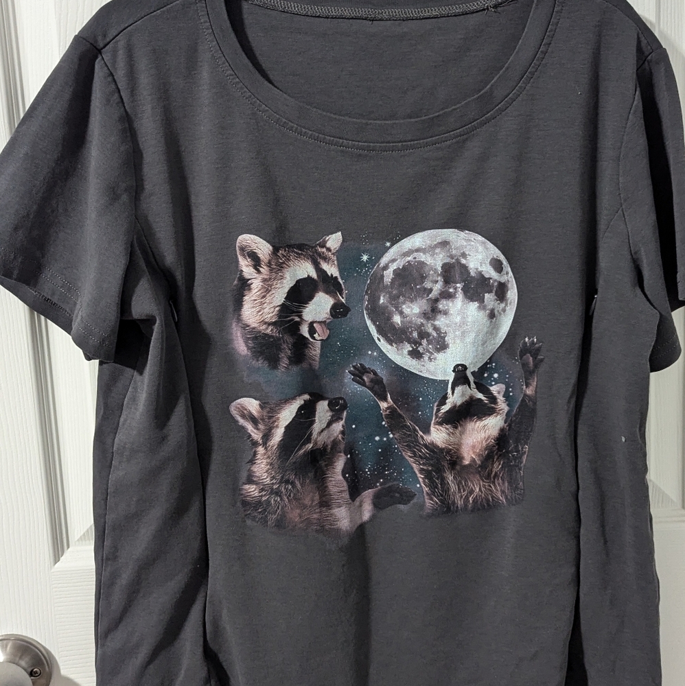 Gray T-Shirt with Raccoon and Moon Print